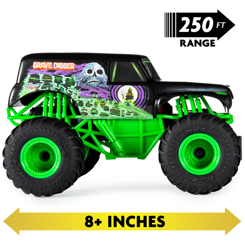 Monster Jam Grave Digger RC truck in action showcases high-octane stunts and crashes.