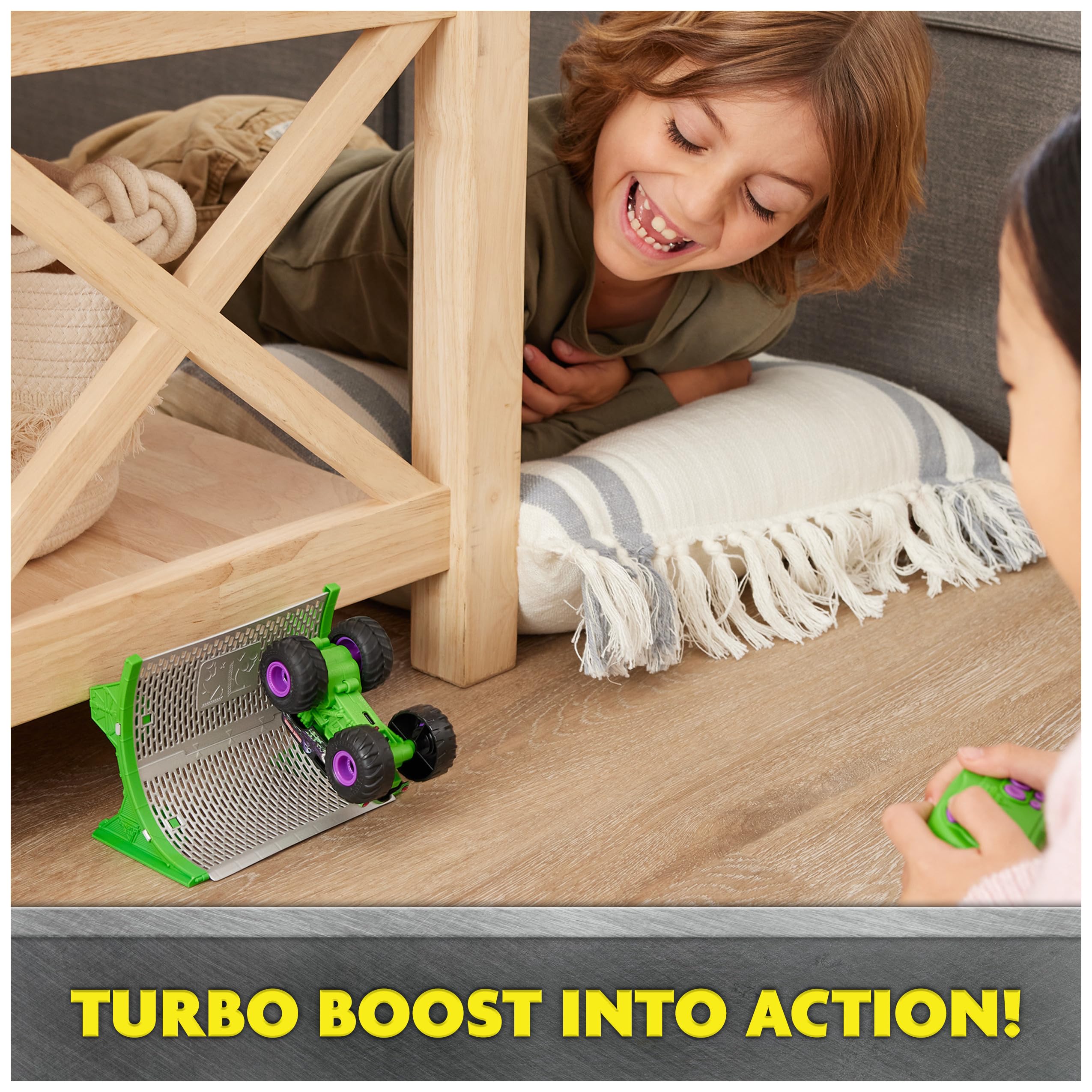 Monster Jam Grave Digger RC truck in action on carpet