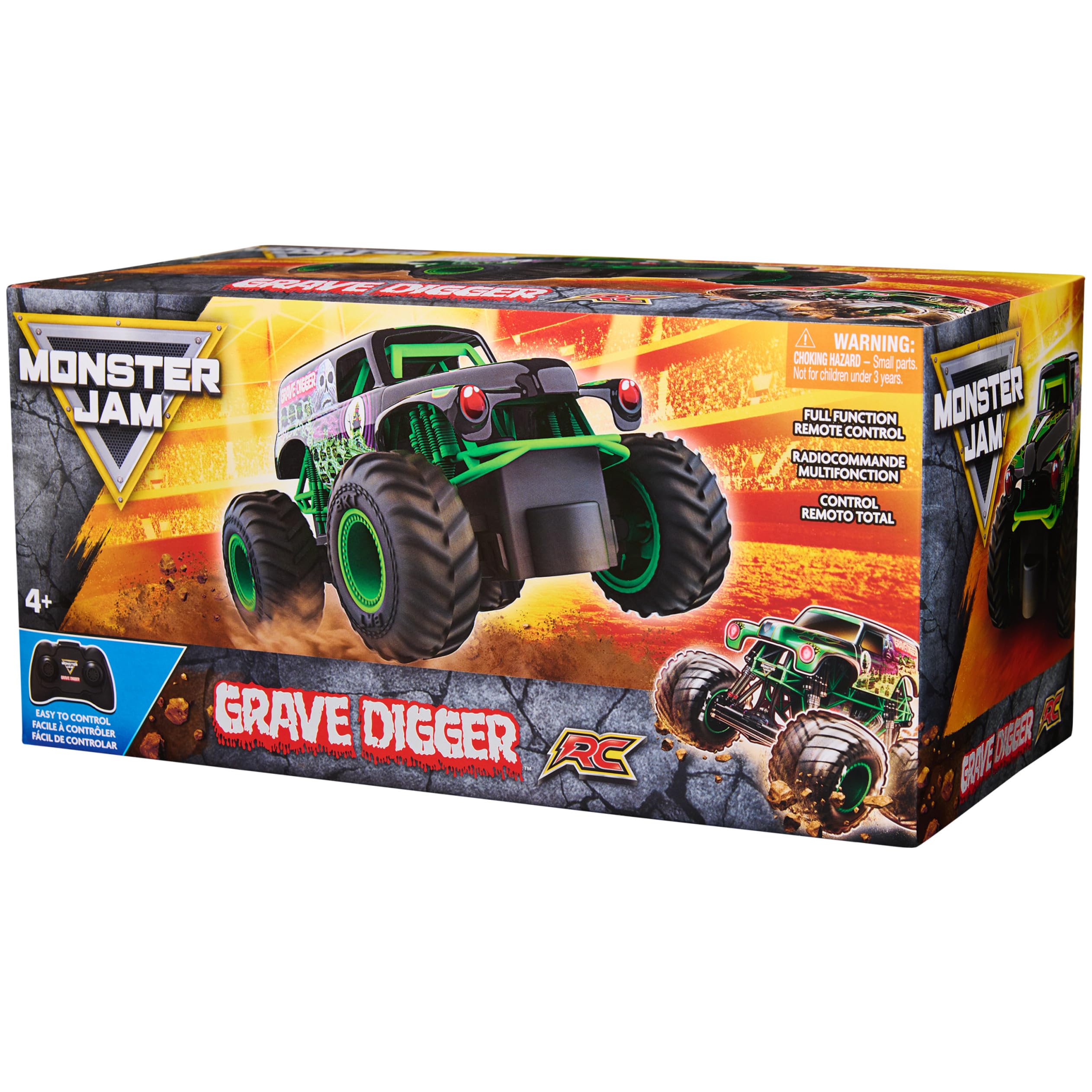 Monster Jam Grave Digger RC truck off-road tires excel on varied surfaces.