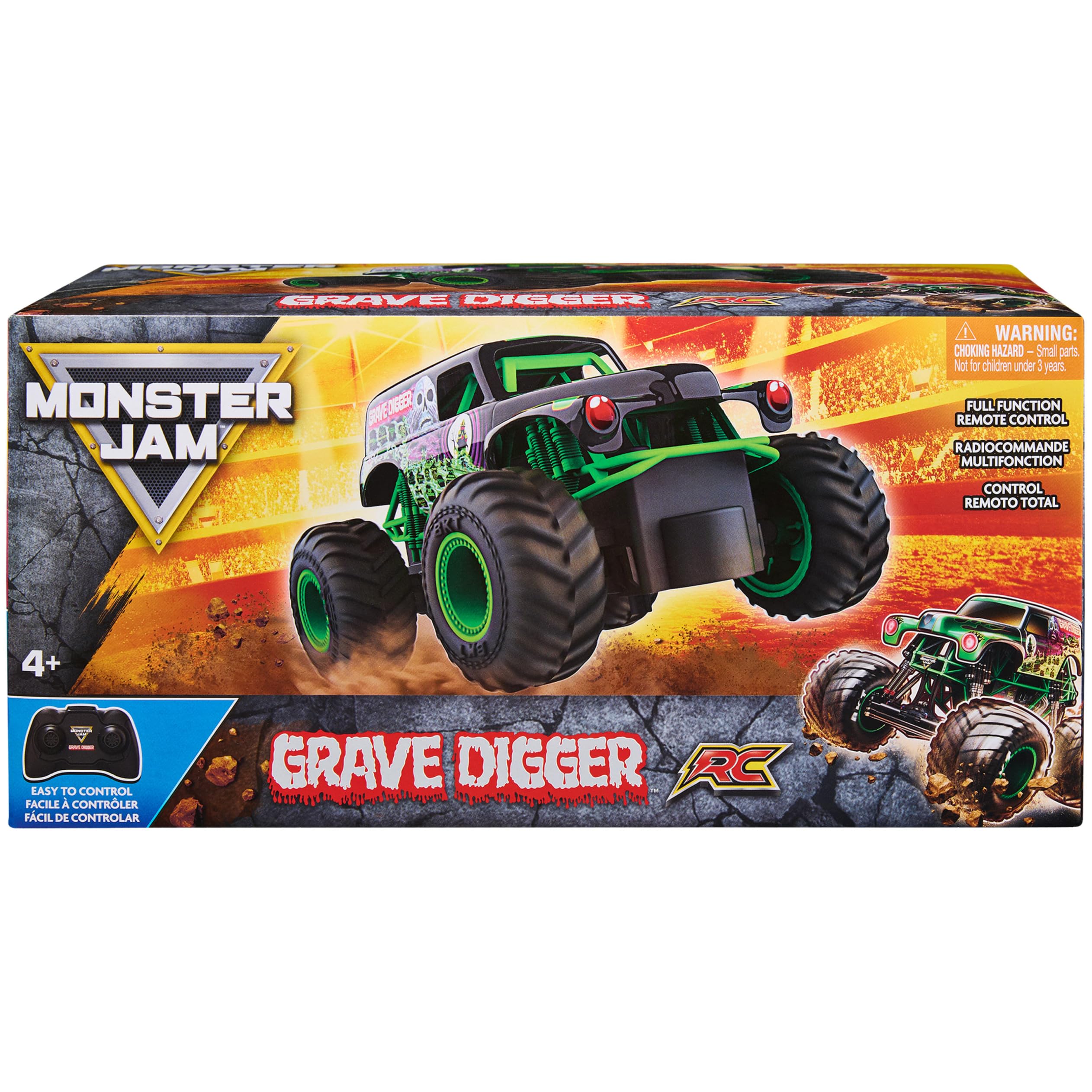 Monster Jam Grave Digger RC truck side drift captures dynamic turning and racing potential.