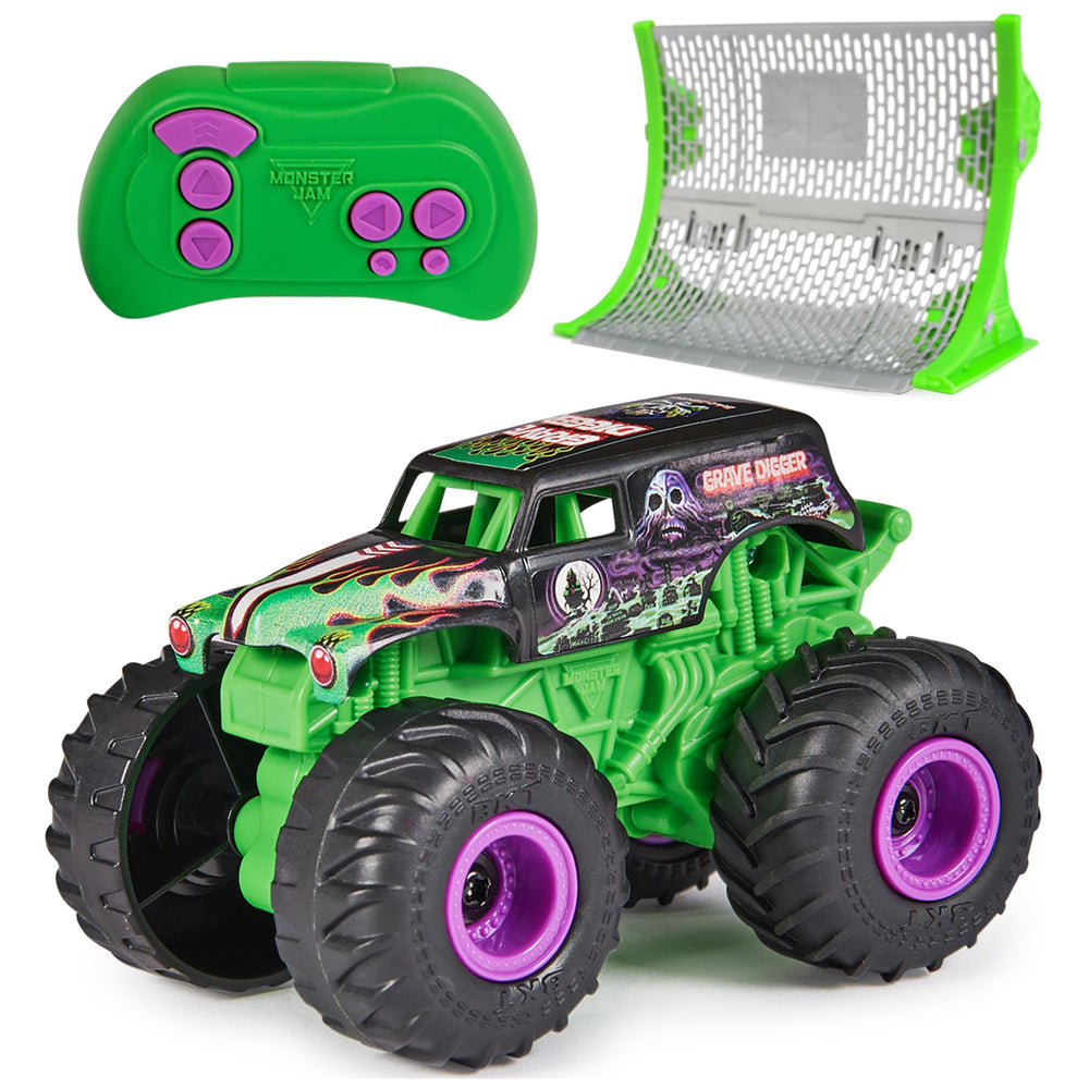 Monster Jam Grave Digger RC truck side view with authentic graphics for fans