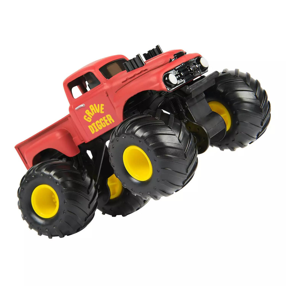 Grave Digger with oversized tires and authentic graphics for real action feel