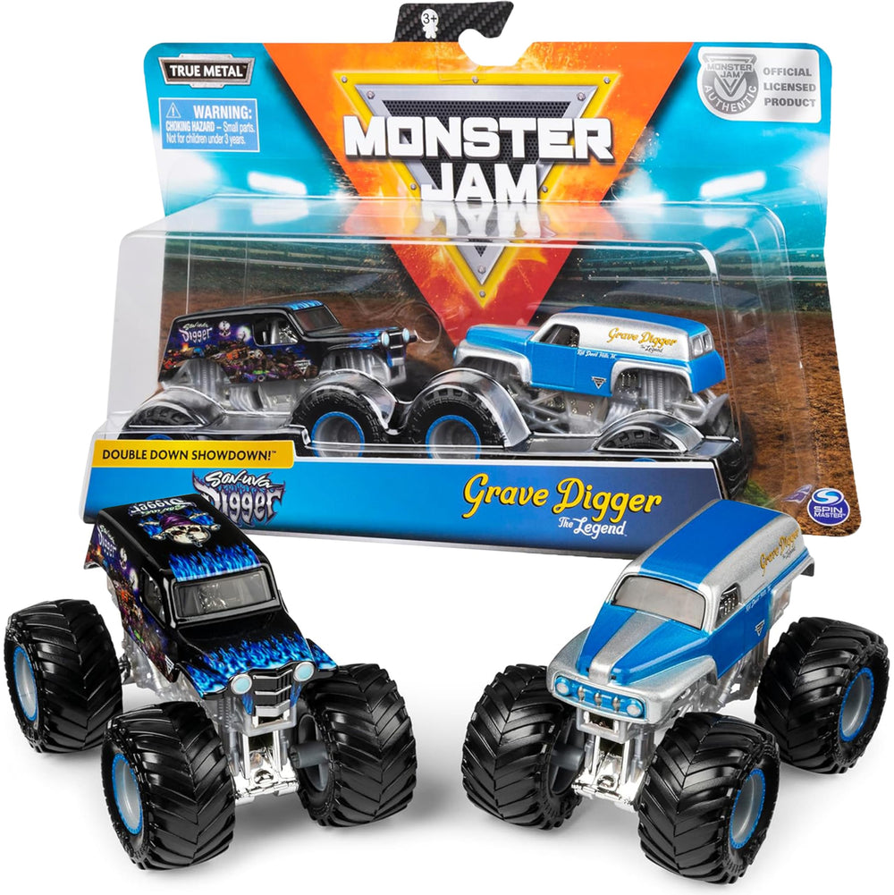 Monster Jam Grave Digger vs Son-Uva Digger 1:64 front view for dynamic display and collection.