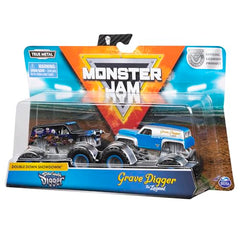 Monster Jam Grave Digger vs Son-Uva Digger 1:64 side view highlighting authentic scale detail.