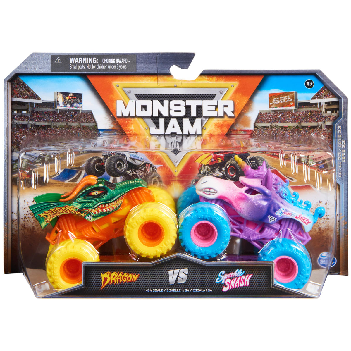 Monster Jam Grave Digger vs Zombie 1:64 scale two-pack boosts imaginative play.