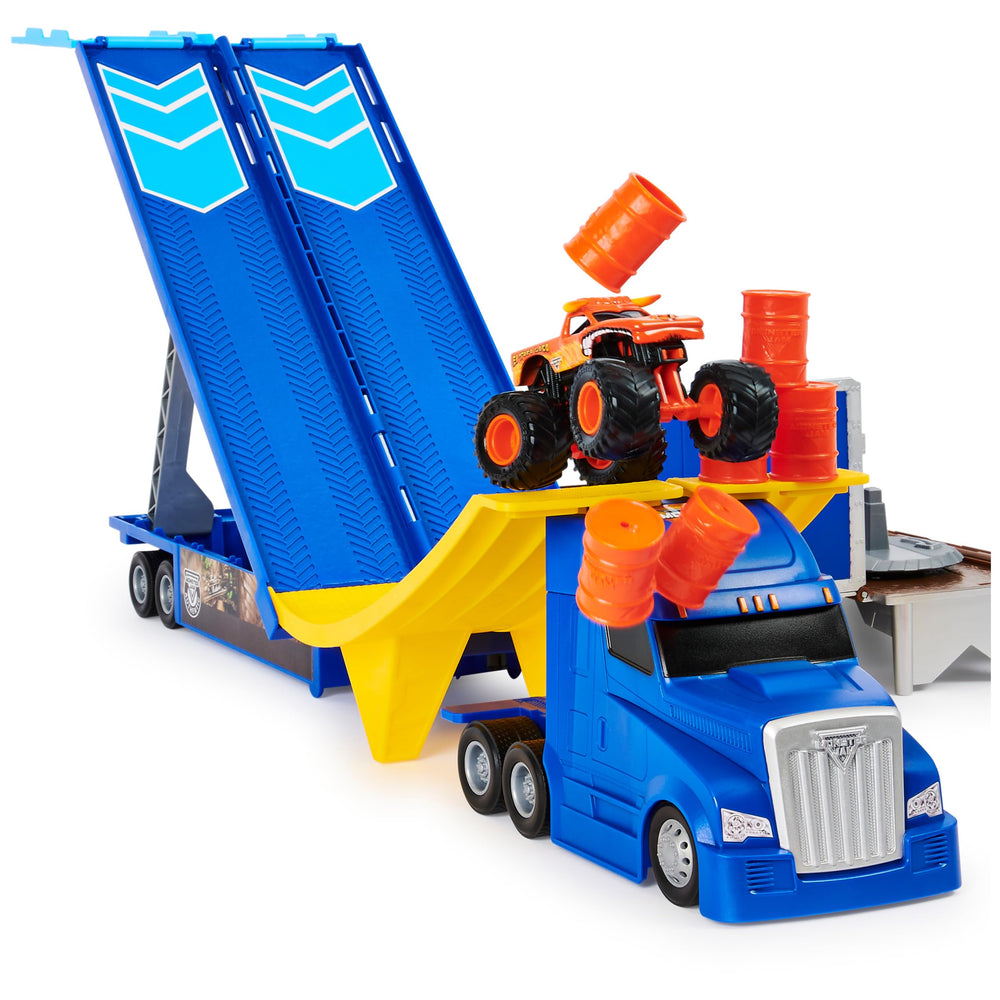 Hauler trailer stores up to five Monster Jam trucks.