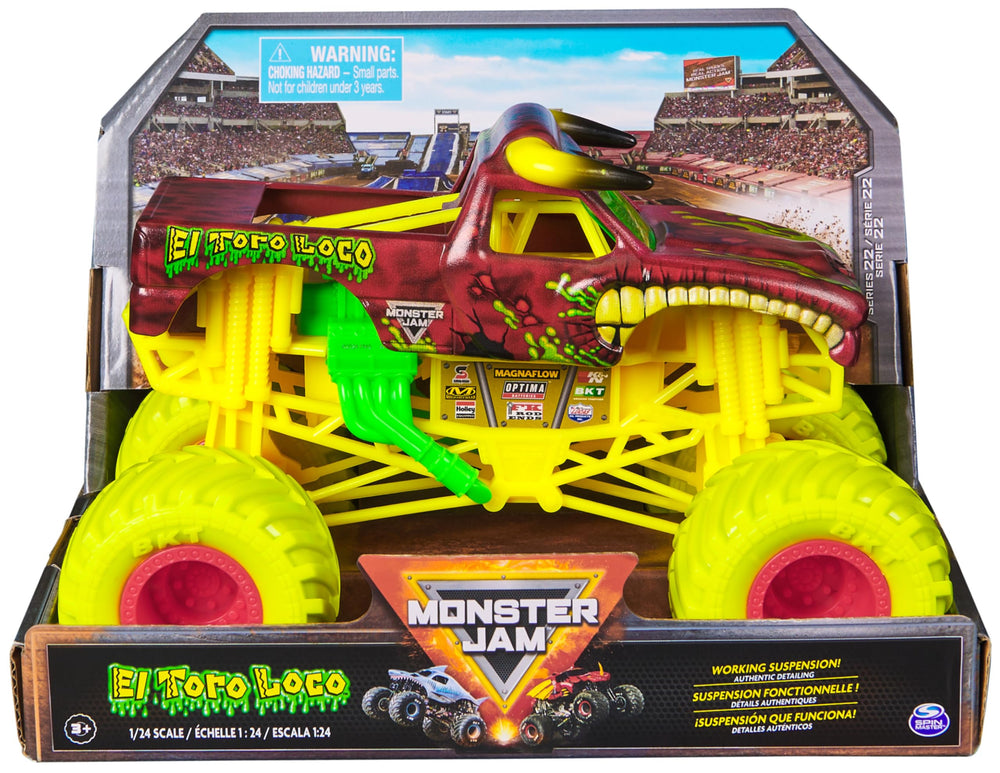 Monster Jam scene showing kids playing with El Toro Loco truck and fleet.