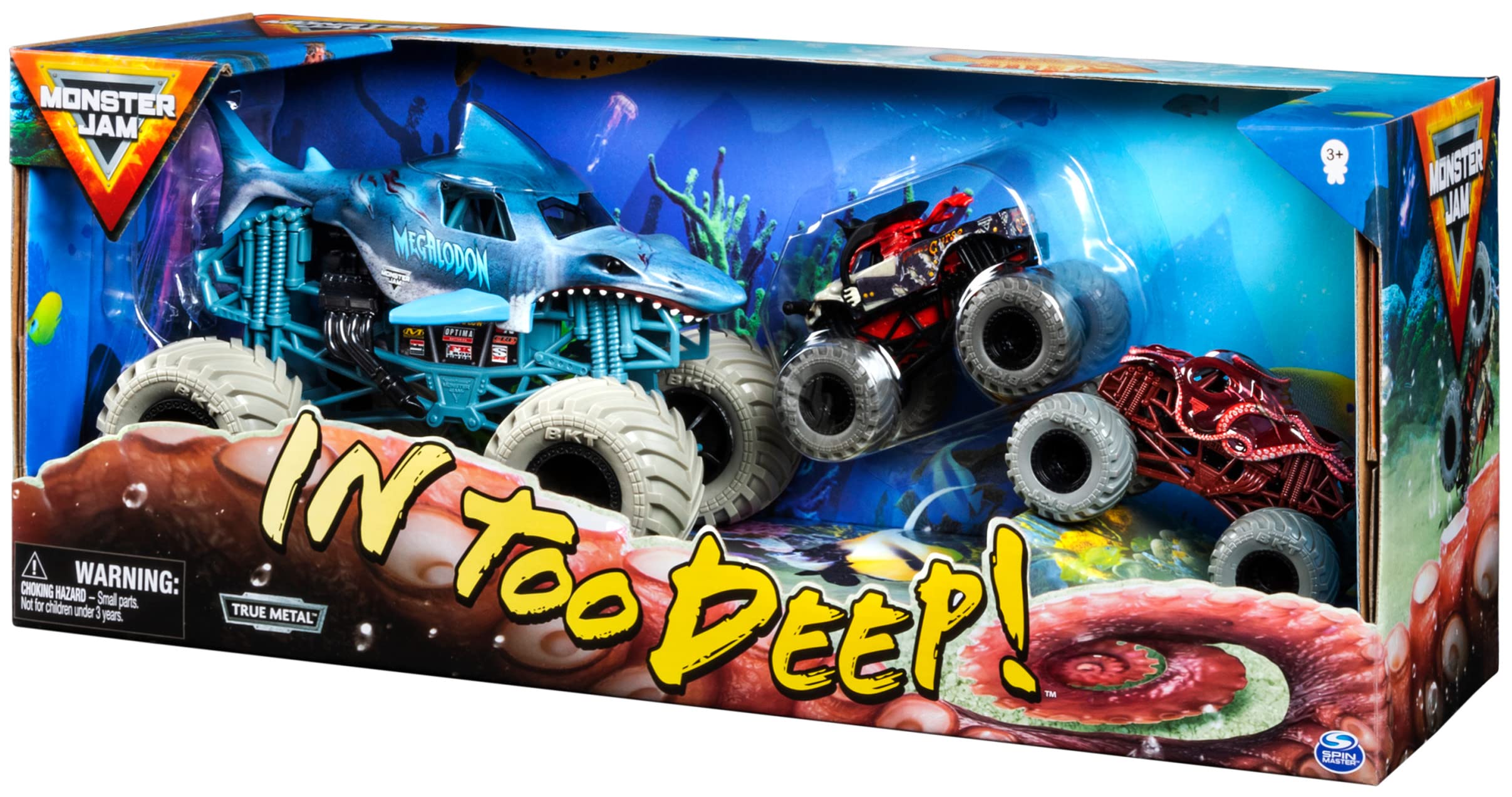 Monster Jam Megalodon 1:24 rubber tires close-up with working suspension.