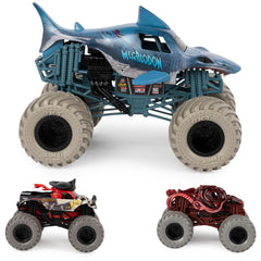 Monster Jam Megalodon 1:24 front view with bold graphics and durable tires.