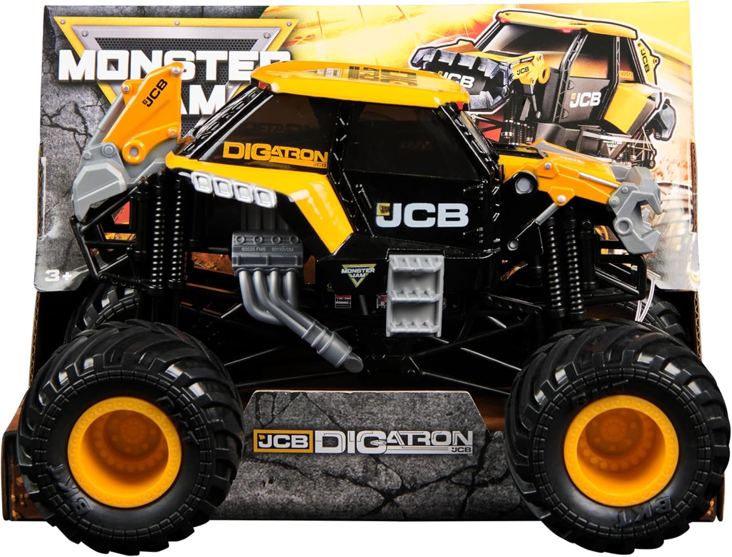 Monster Jam JCB Digatron 1:24 front view showing authentic graphics and great display play.