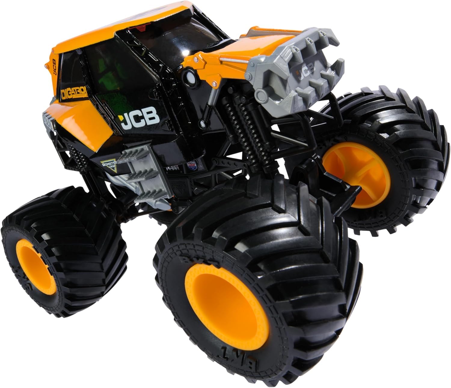 Monster Jam JCB Digatron 1:24 side graphics emphasizing authentic styling and collectibility.