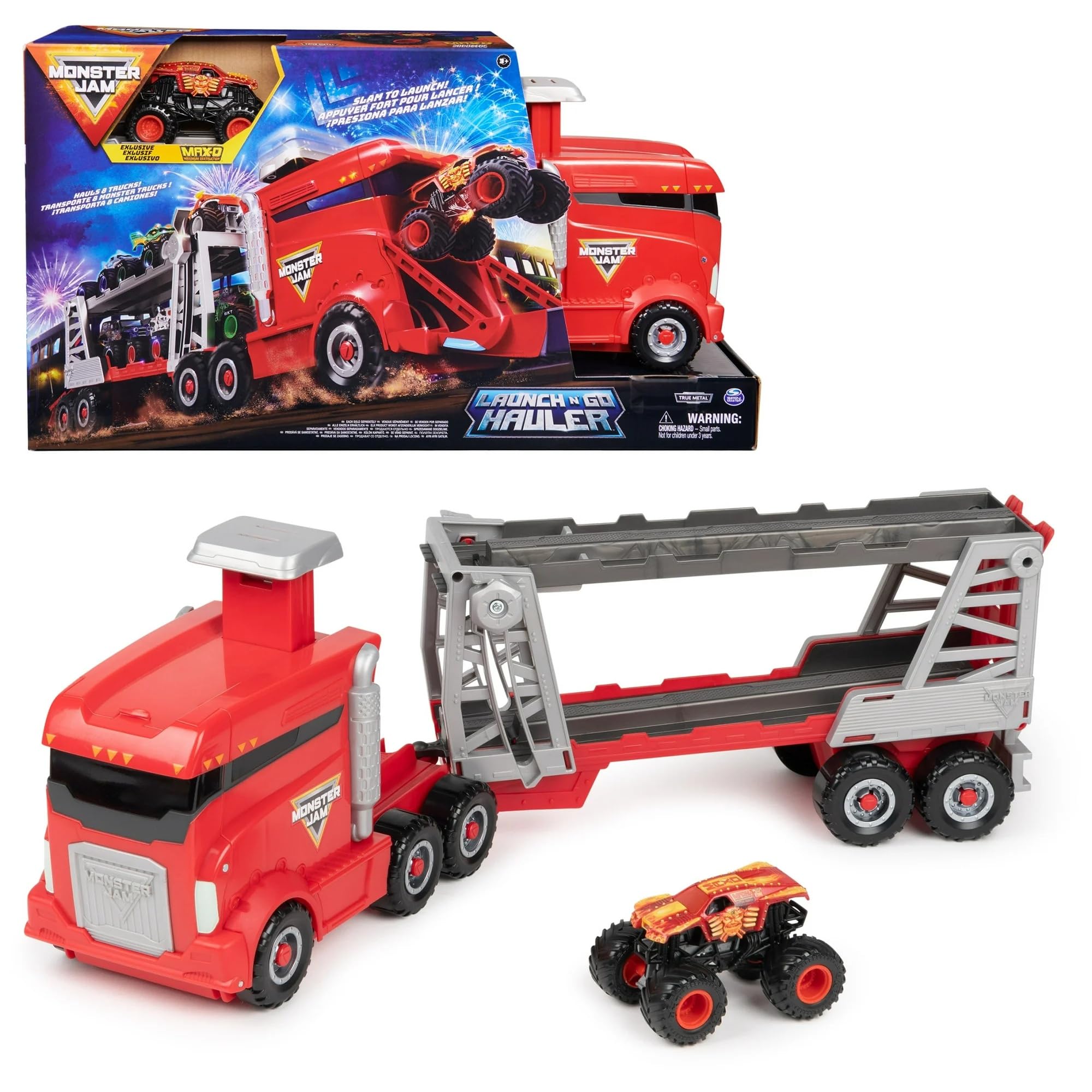 Monster Jam Launch & Go Hauler Truck showing a sturdy 2-in-1 transport and launcher for action