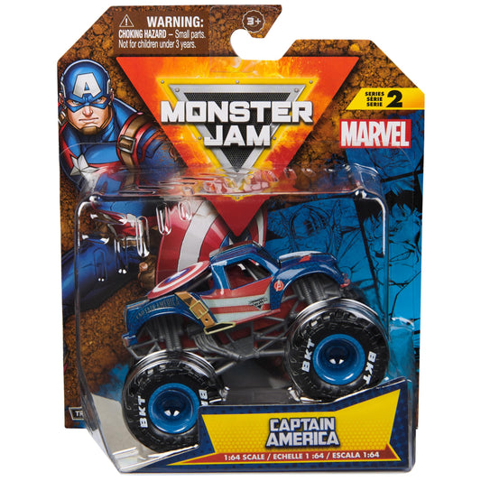 Monster Jam Captain America 1:64 truck with shield graphics for action play