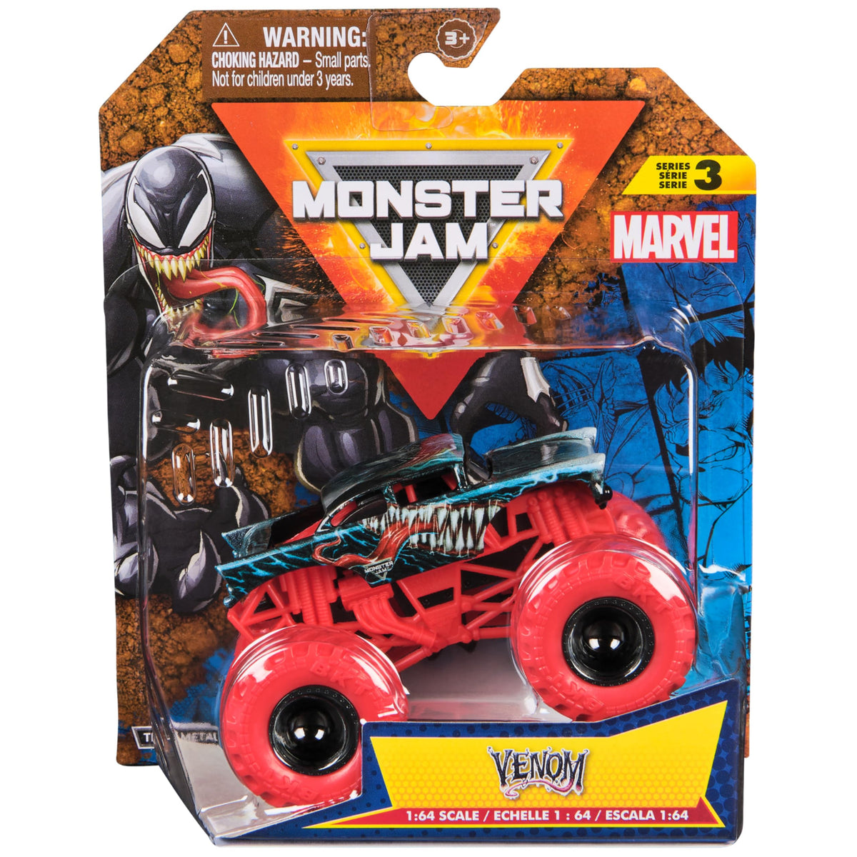 Monster Jam Marvel Venom truck front view shows bold graphics and authentic 1:64 scale details.