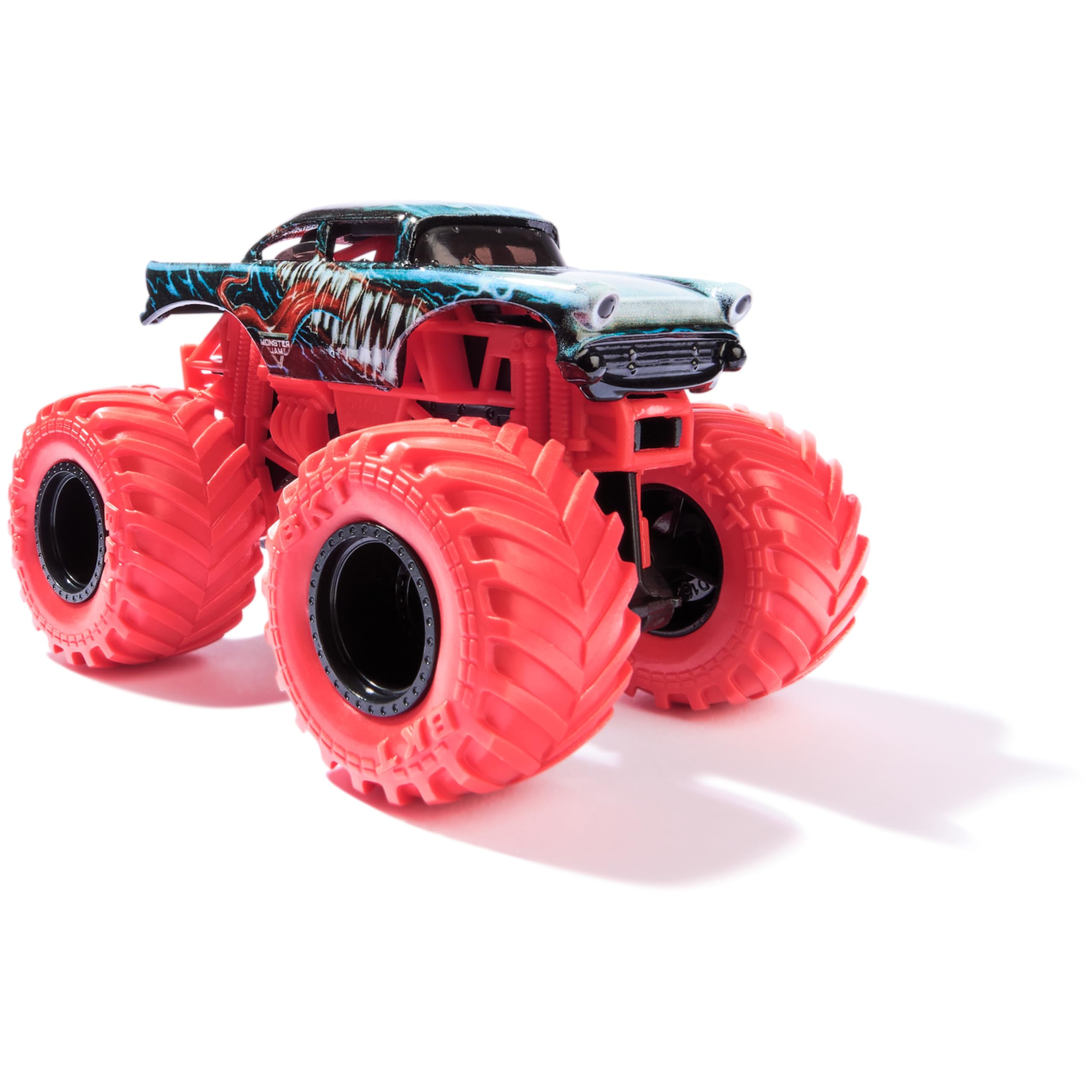 Monster Jam Marvel Venom truck side view reveals dynamic stance for action-ready display.