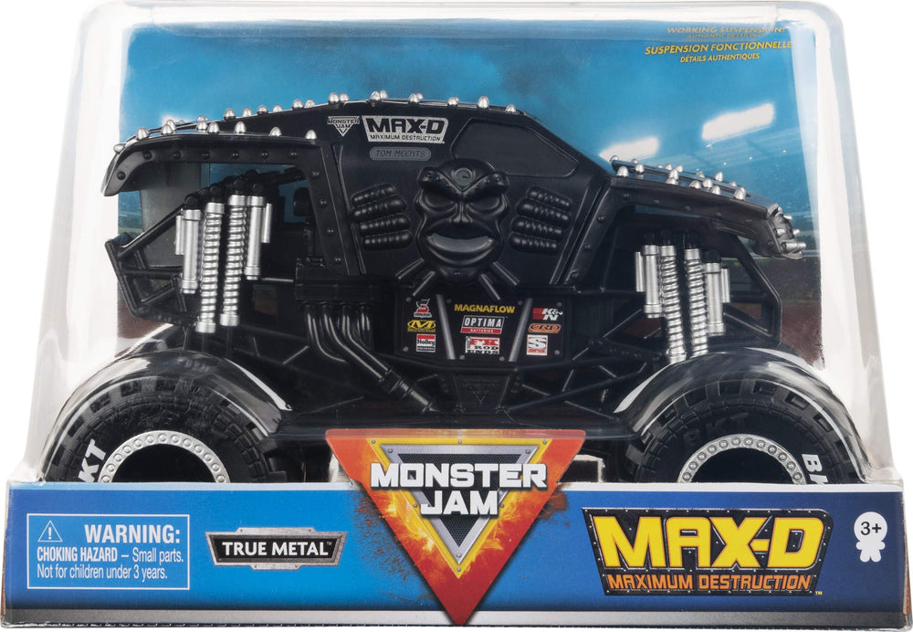 Monster Jam Max-D 1:24 scale die-cast truck front view showing authentic graphics