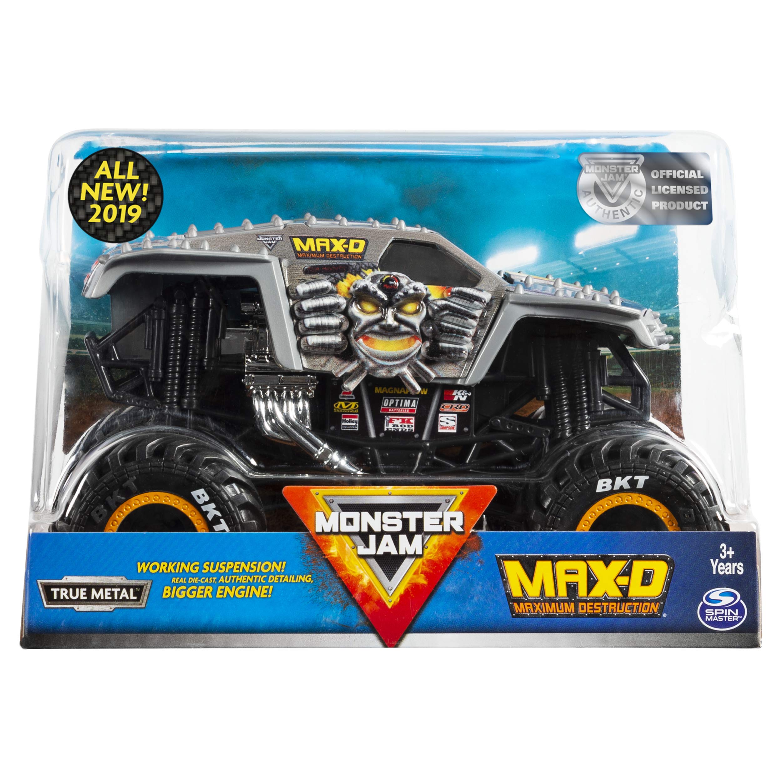 Monster Jam Max D 1:24 front view with authentic graphics for display