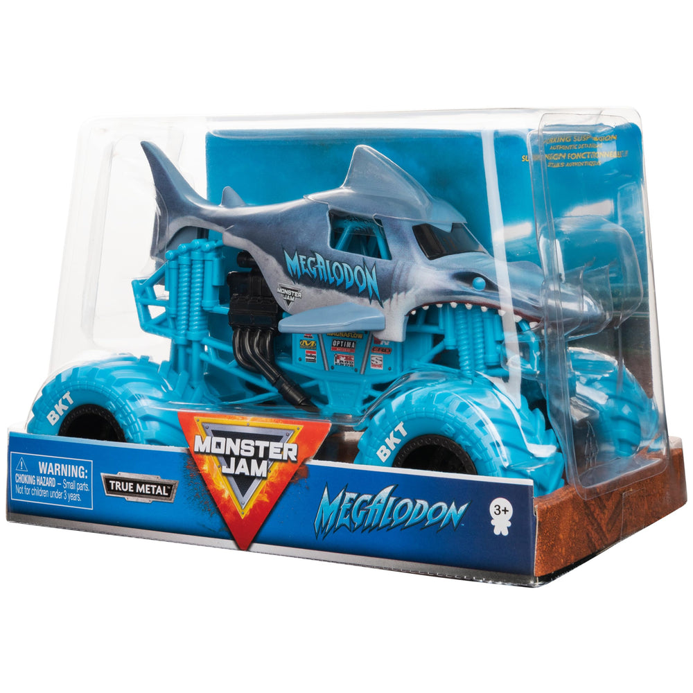 Monster Jam Megalodon 1:24-scale truck on BKT tires, provides traction for posing.
