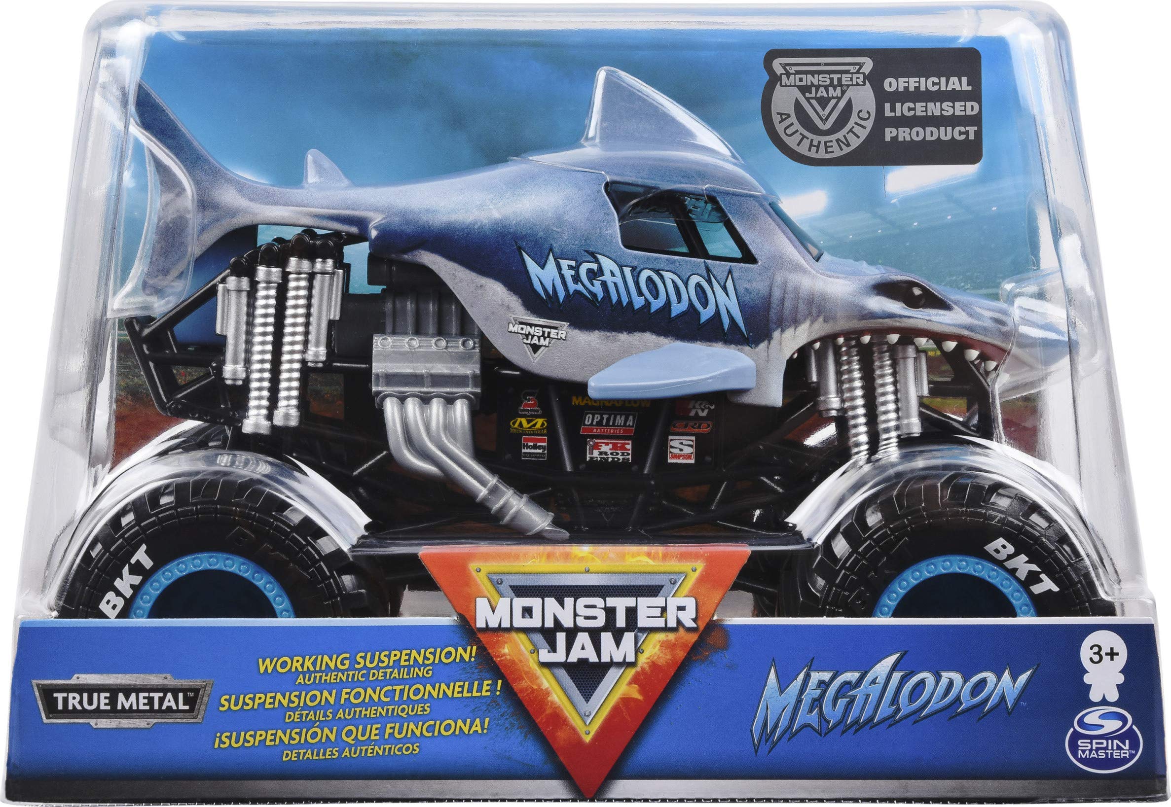 Monster Jam Megalodon 1:24 truck front view with BKT tires for traction