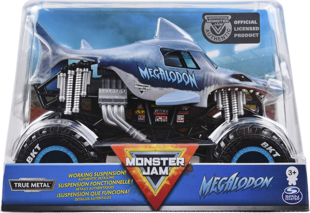 Monster Jam Megalodon 1:24 truck front view with BKT tires for traction