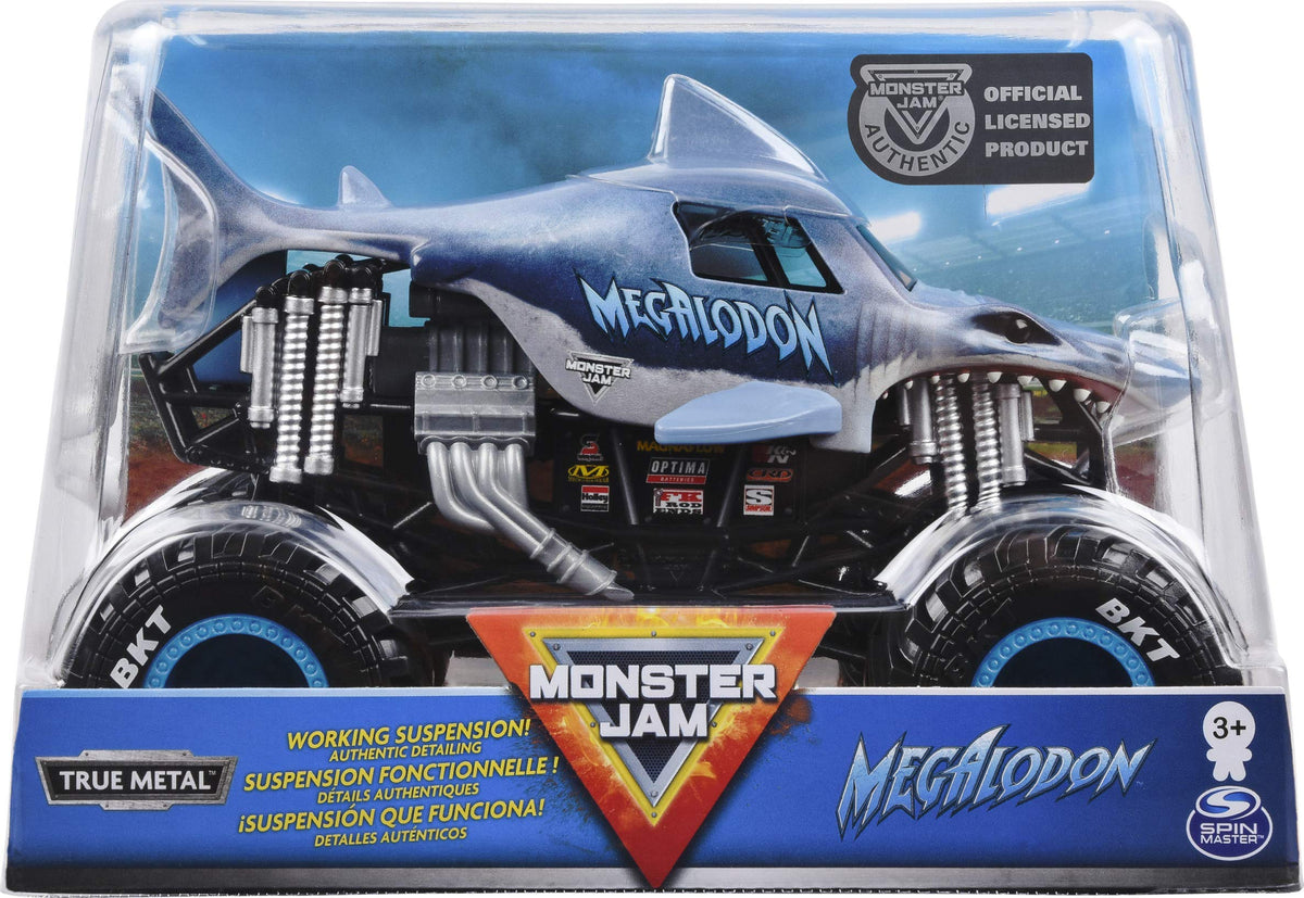 Monster Jam Megalodon 1:24 truck front view with BKT tires for traction