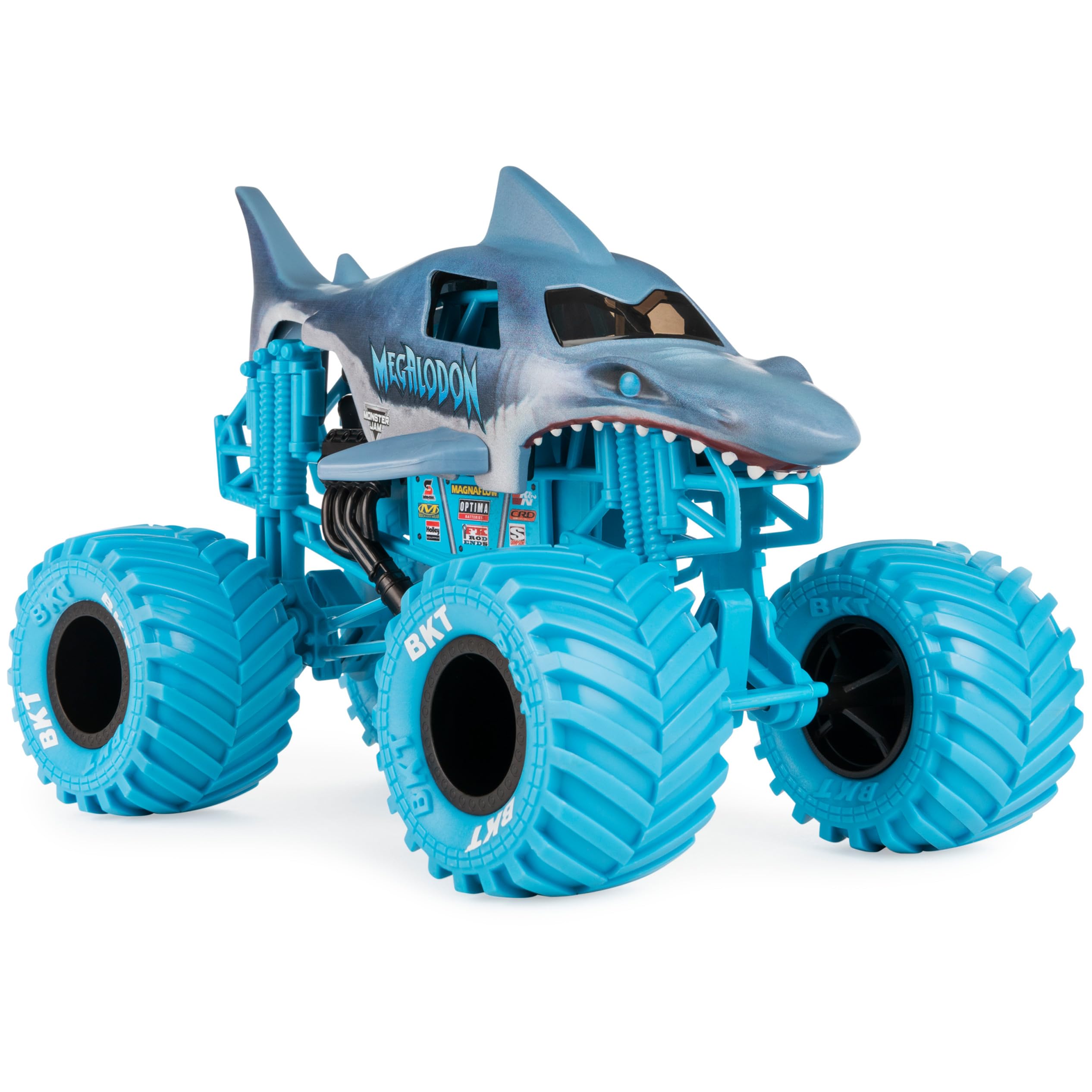 Monster Jam Megalodon 1:24-scale truck graphics detail, bold branding and rugged look.