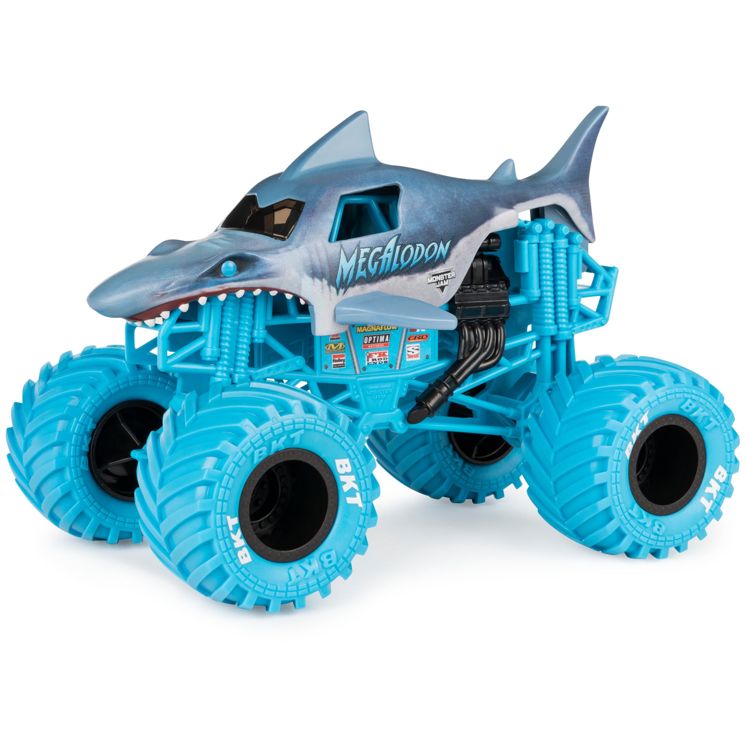 Monster Jam Megalodon 1:24-scale truck rear view, true-to-scale details for collectors.