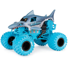 Monster Jam Megalodon 1:24-scale truck rear view, true-to-scale details for collectors.