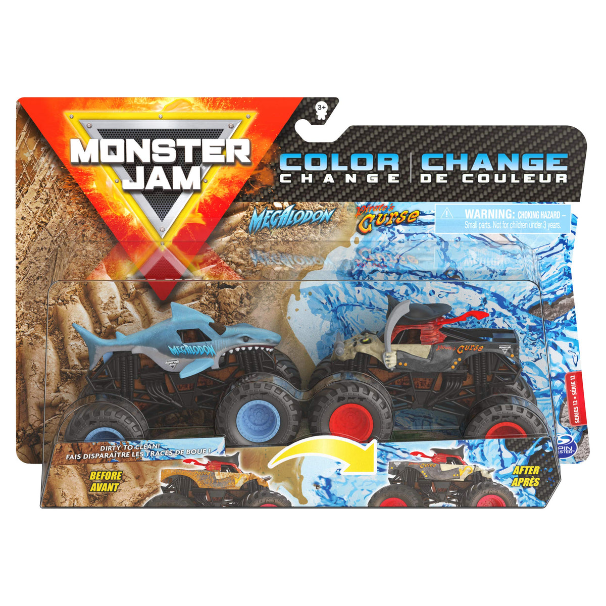 Monster Jam Megalodon vs Pirate's Curse 1:64 dirty-to-clean pack for play.