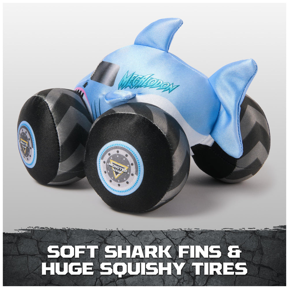 Monster Jam Megalodon plush truck front view highlights iconic truck details