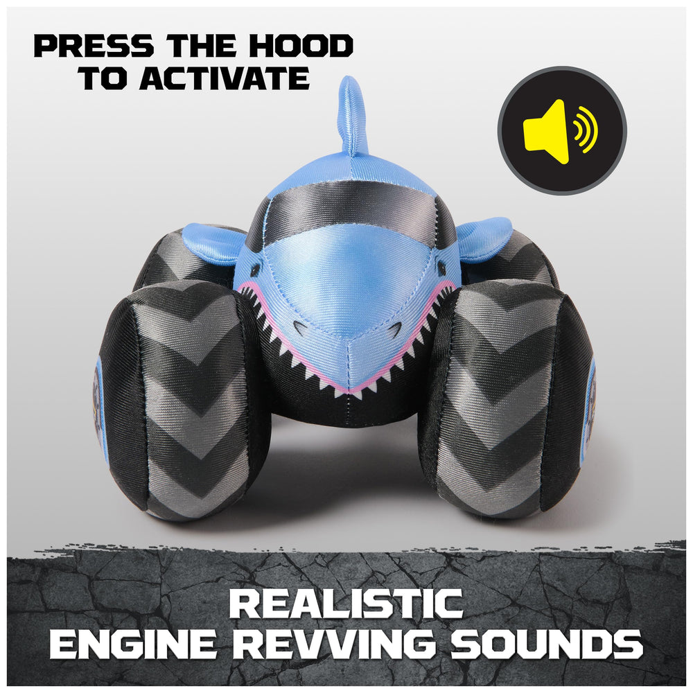 Monster Jam Megalodon plush truck shows giant squishy wheels for smooth rolling