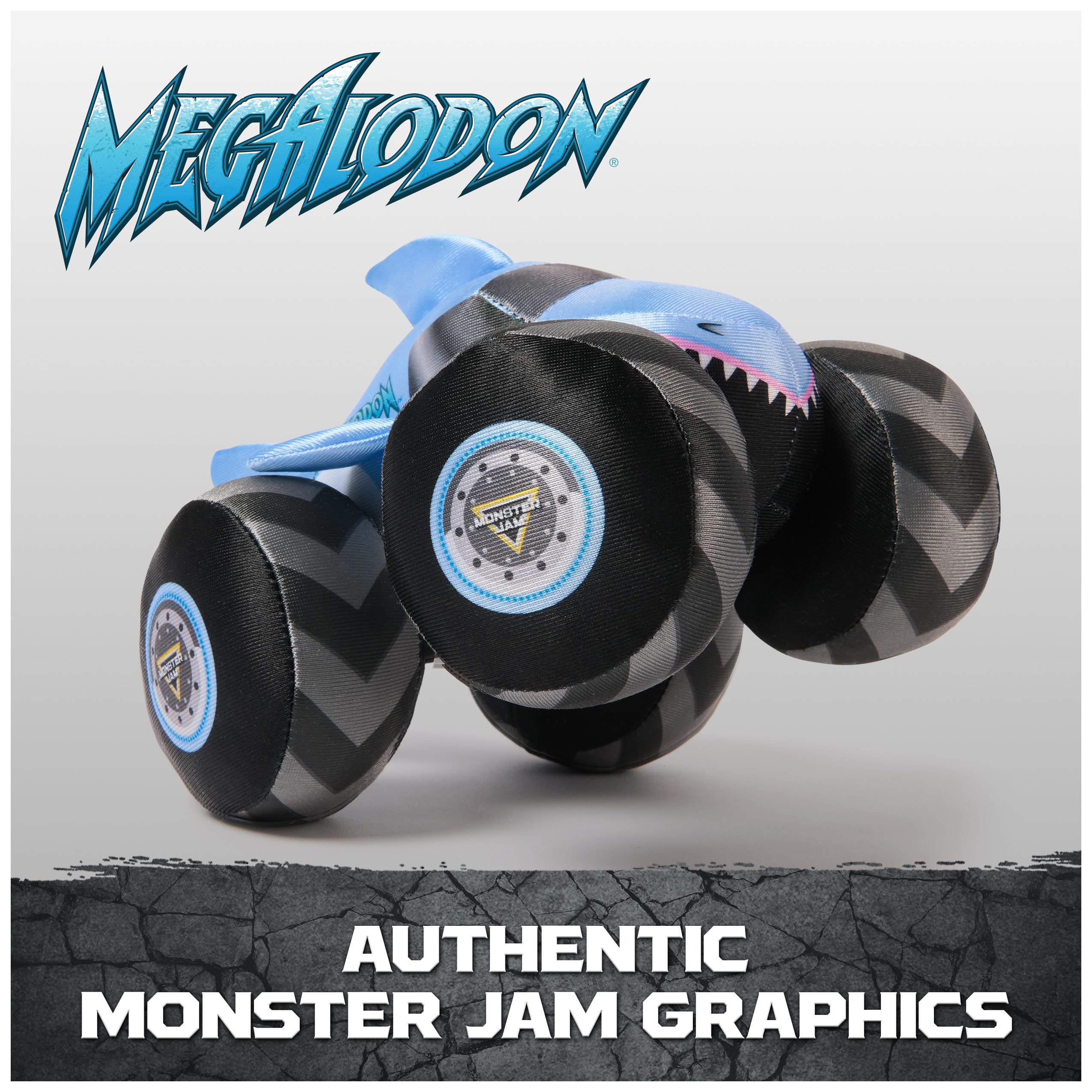 Monster Jam Megalodon plush truck hood button triggers engine rev sound for realism