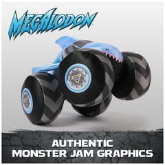 Monster Jam Megalodon plush truck hood button triggers engine rev sound for realism