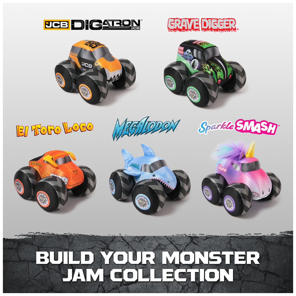 Monster Jam Megalodon plush truck packaging emphasizes surface-washable care