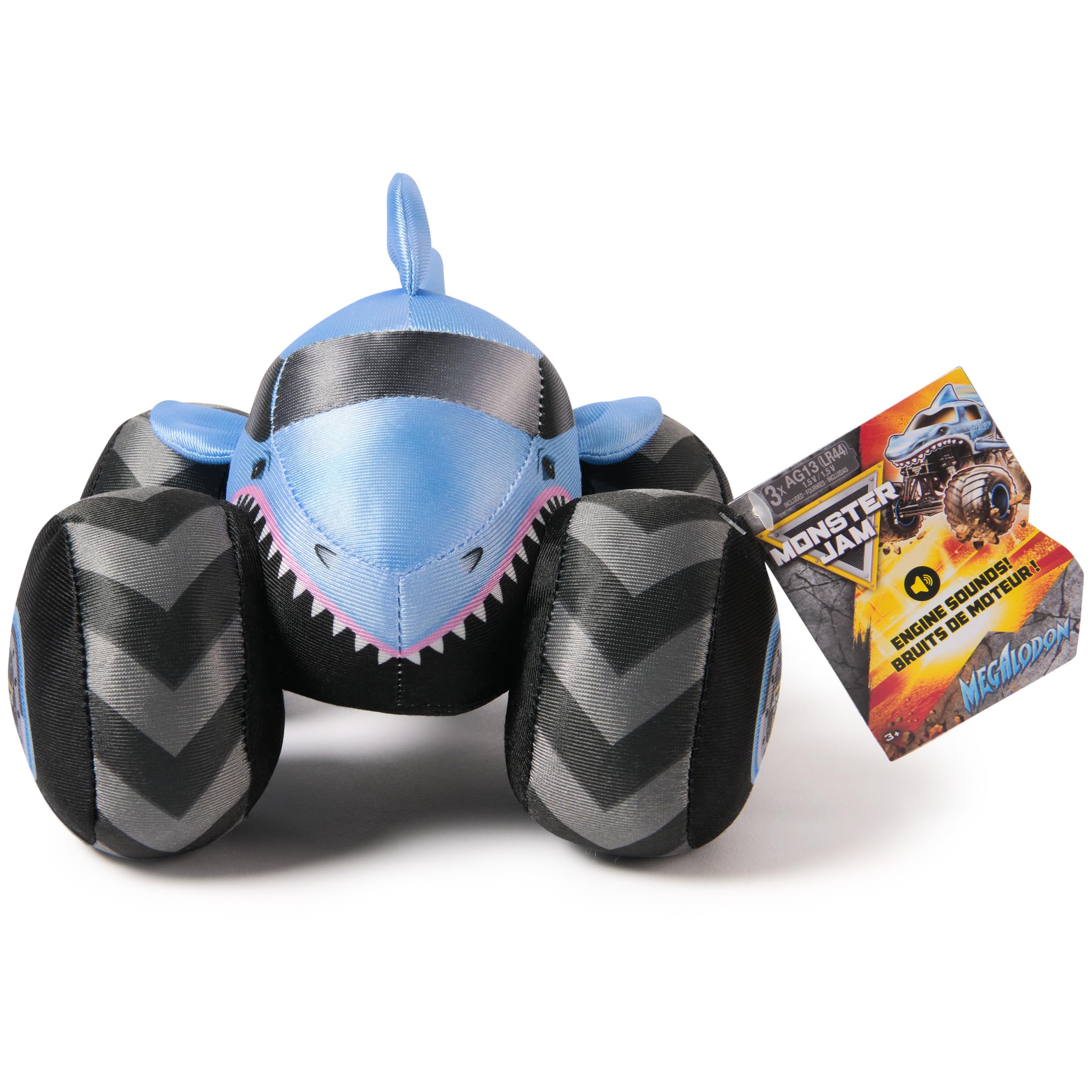 Monster Jam Megalodon plush truck ready for travel and mess-free play