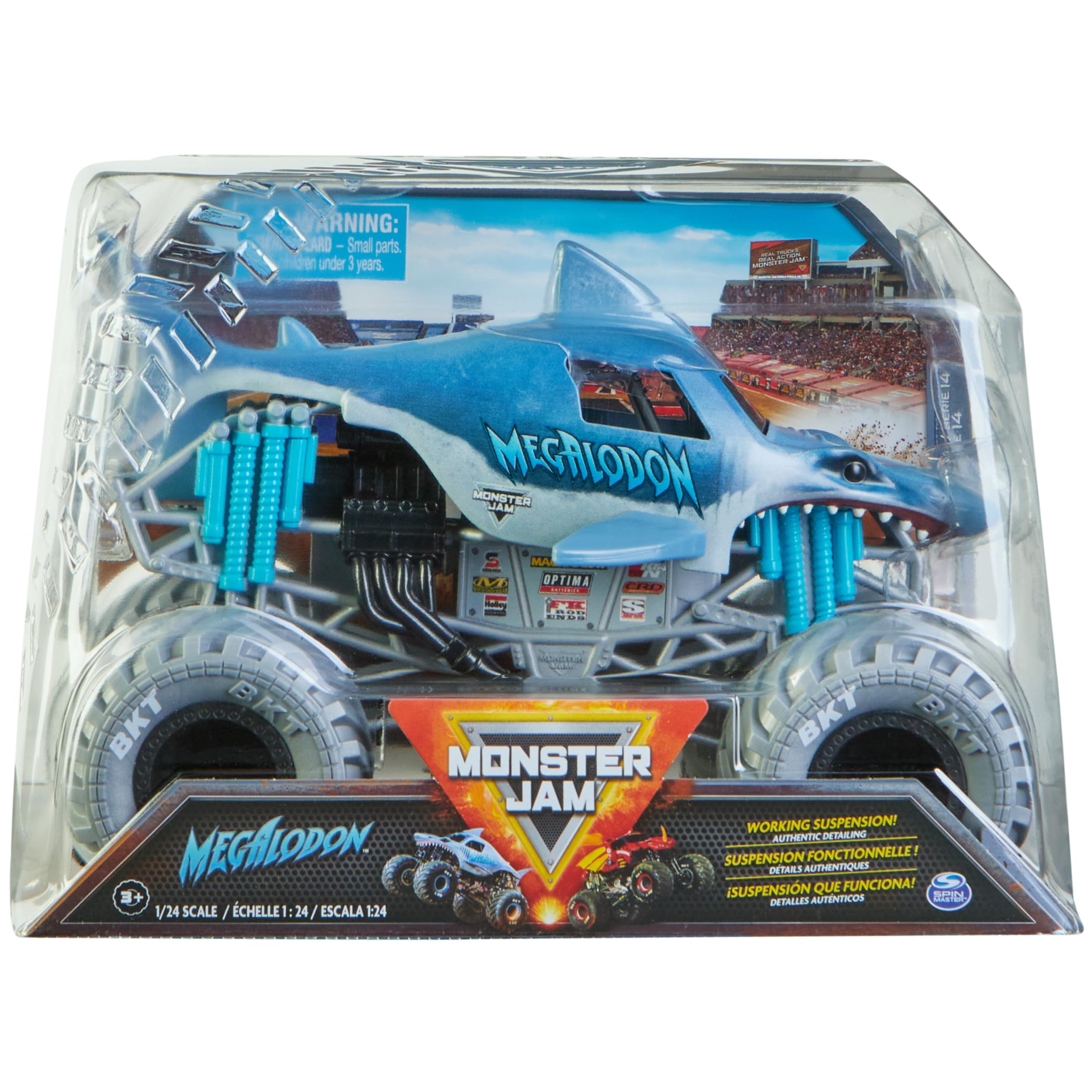 Monster Jam Megalodon 1:24 die-cast truck with bold graphics.