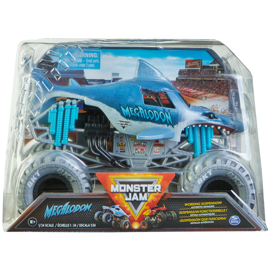 Monster Jam Megalodon 1:24 die-cast truck with bold graphics.