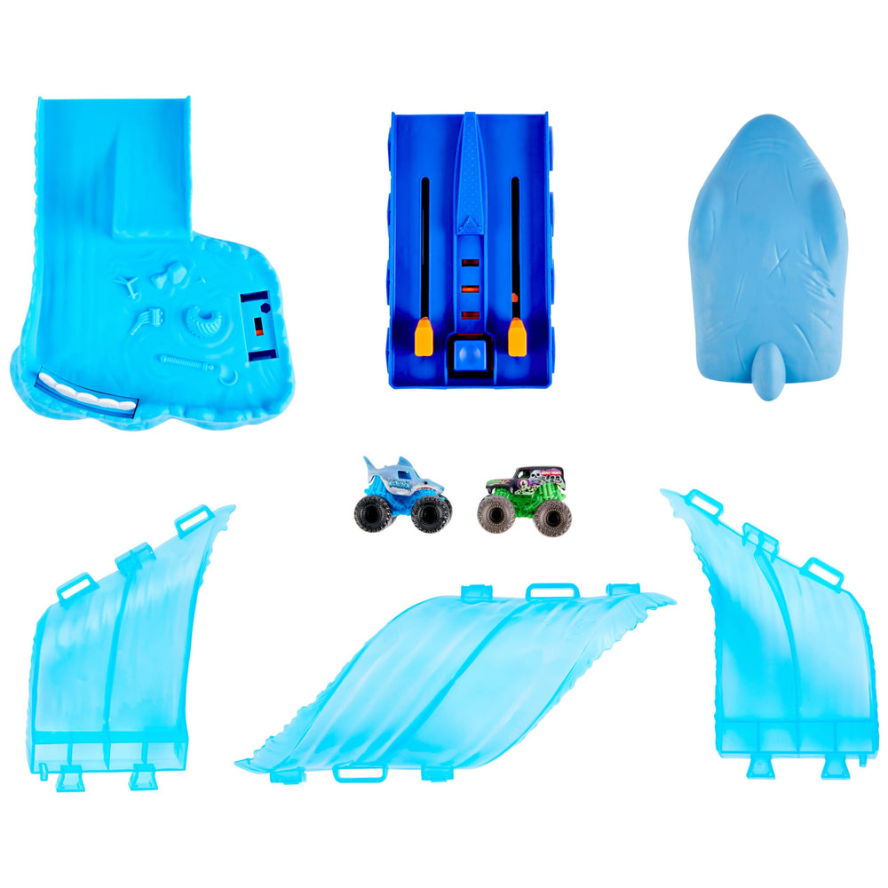 Compact base and track setup for portable Monster Jam fun