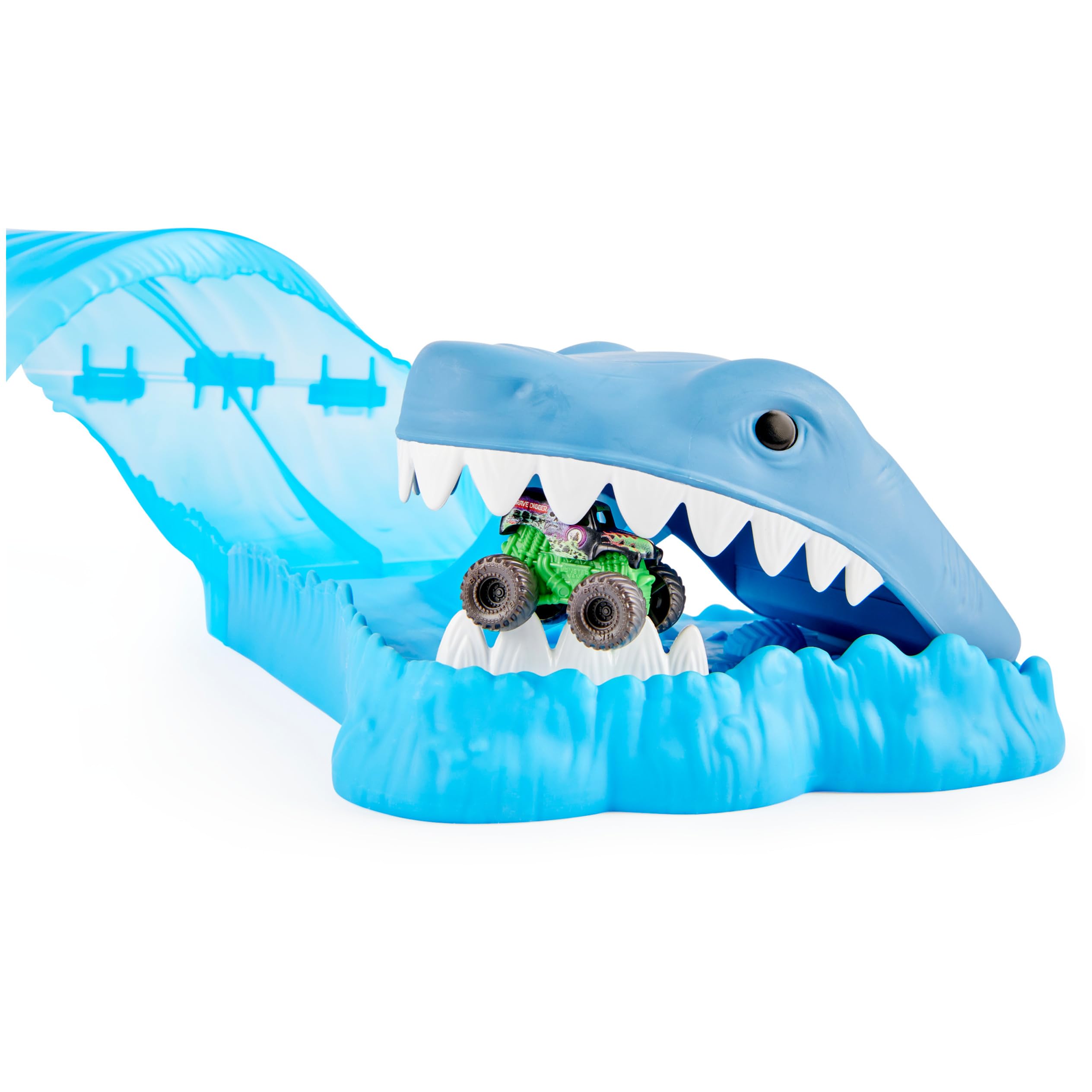Monster Jam Mini Megalodon shark head chomping feature thrills
