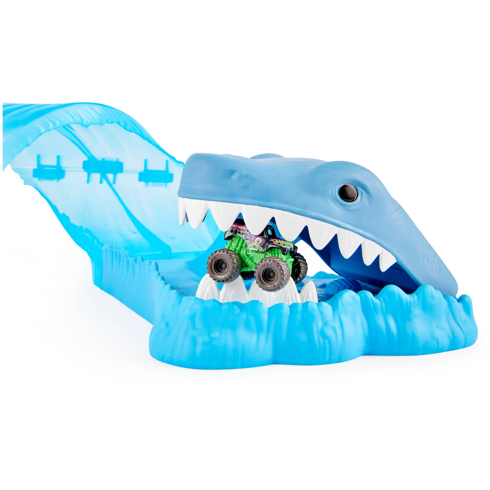 Monster Jam Mini Megalodon shark head chomping feature thrills