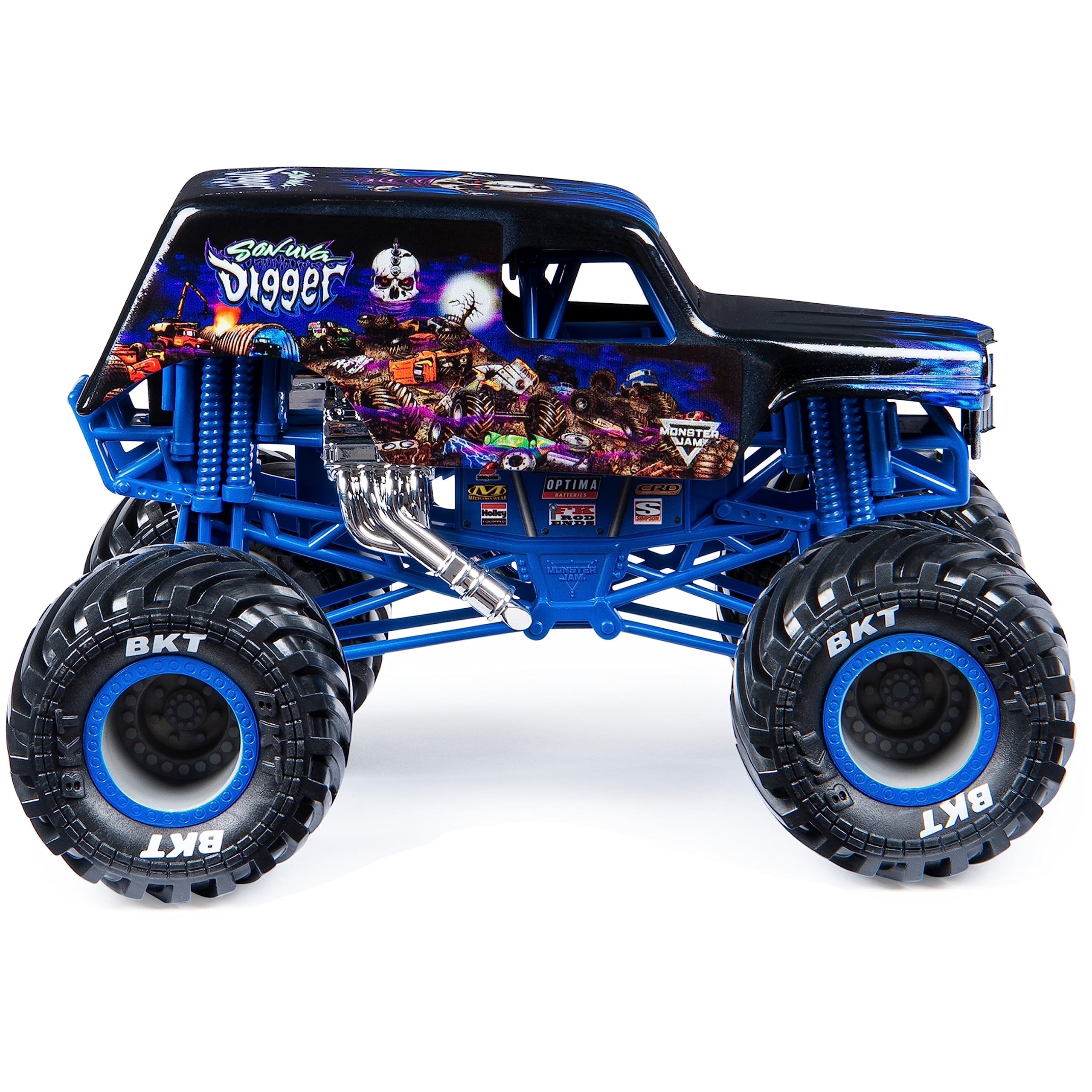 Monster Jam Mnj VHC 1to24 Son Uva Digger GML rear view captures rugged silhouette for shelf display.