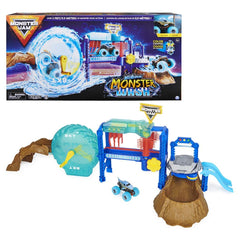Monster Jam MNJ VHP 1t64 Power Wash Playset front view with authentic detailing.