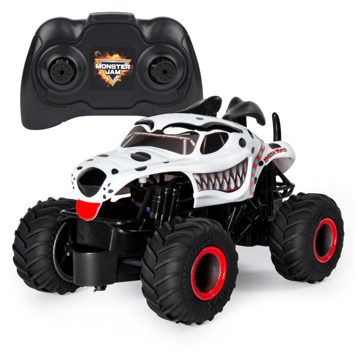 Monster Jam Monster Mutt Dalmatian RC truck front view with authentic graphics.