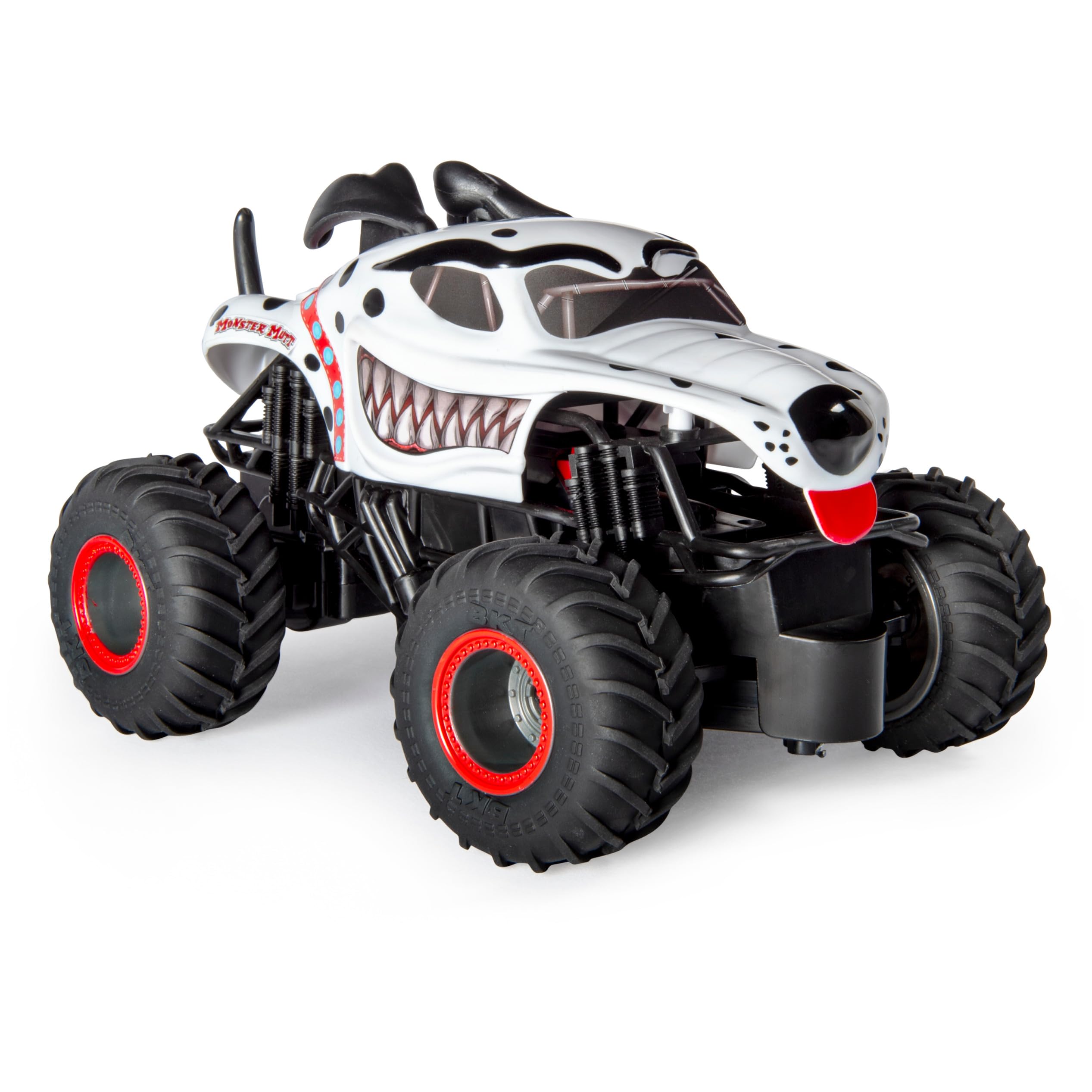 Monster Jam Monster Mutt Dalmatian RC truck with dual-joystick controller for easy handling.