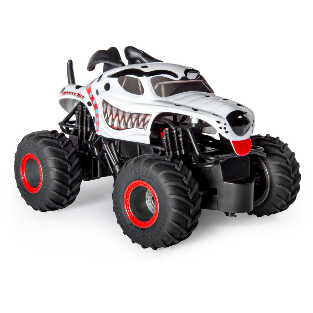 Monster Jam Monster Mutt Dalmatian RC truck with dual-joystick controller for easy handling.