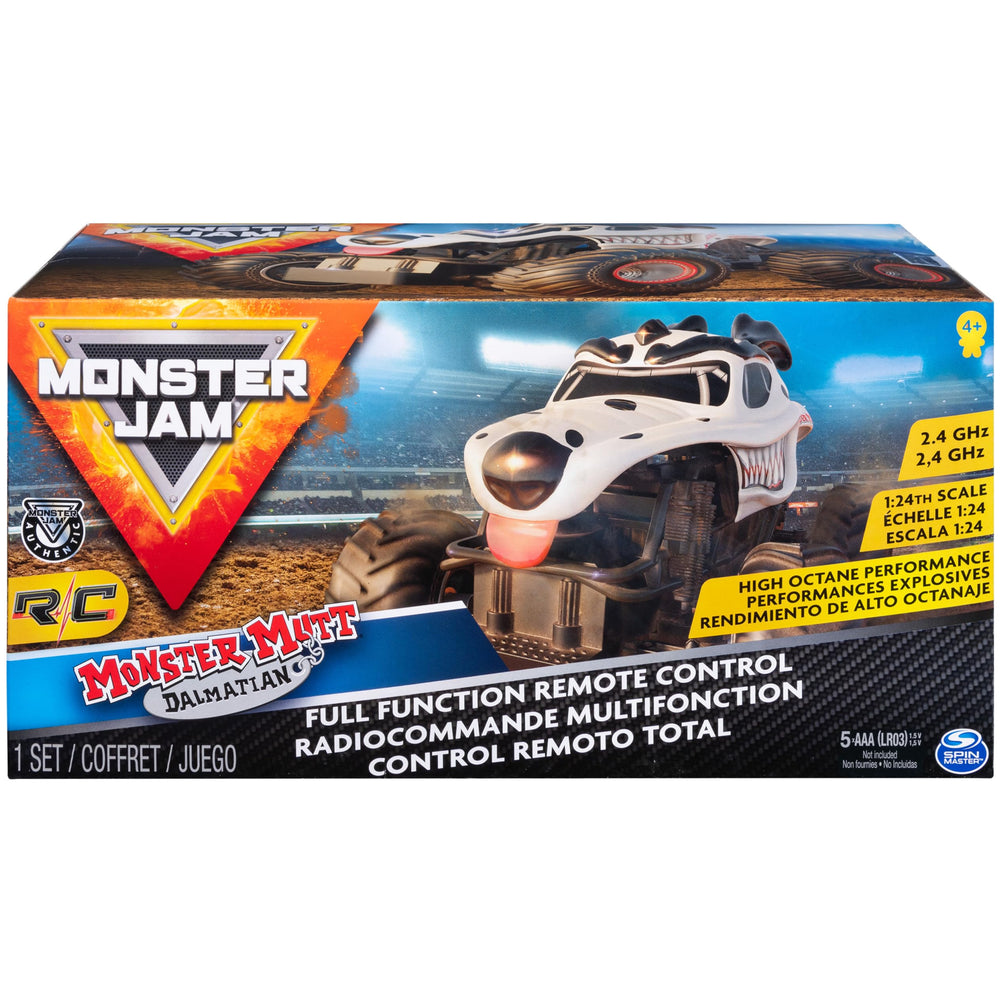 Monster Jam Monster Mutt Dalmatian RC truck side view shows oversized tires for rally play.
