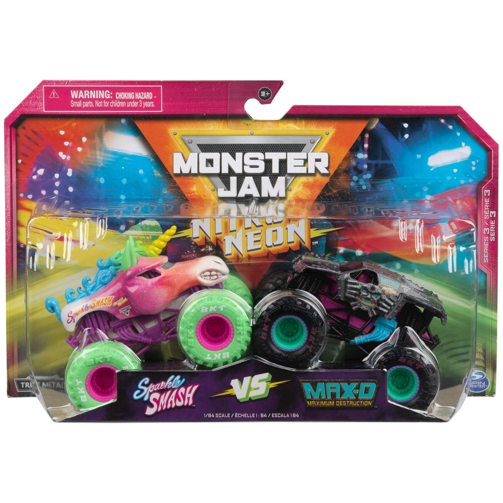 Monster Jam Nitro Neon Sparkle Smash truck with vivid neon accents, ideal for collectors.