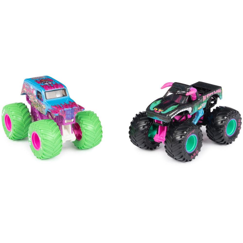 Monster Jam Nitro Neon trucks close-up chassis and texture details