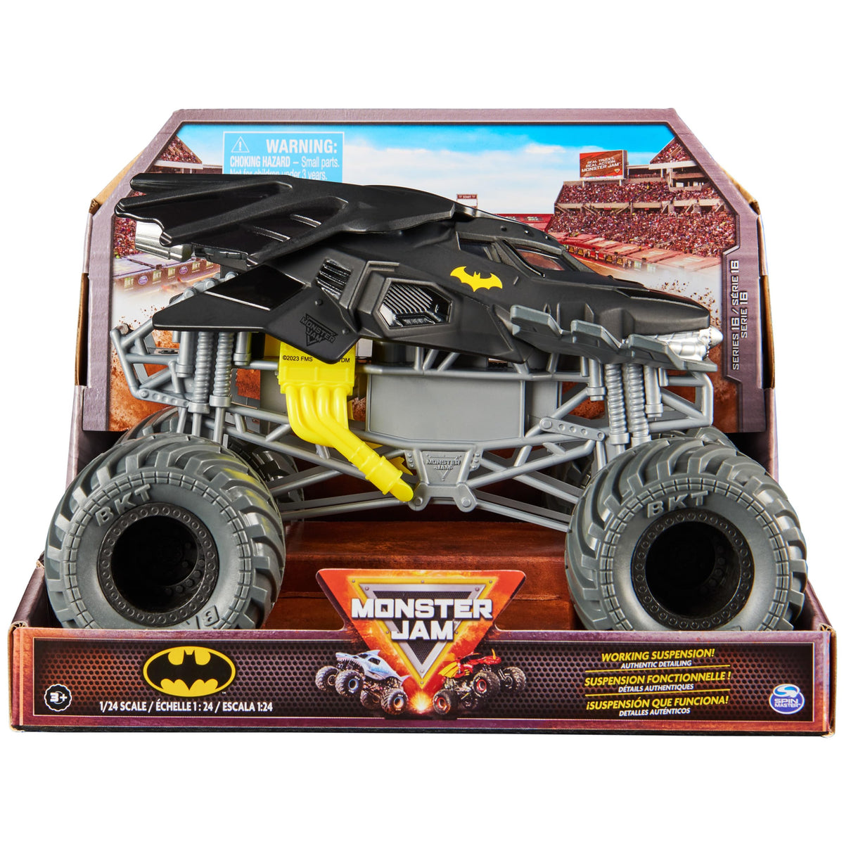 Monster Jam official Batman truck, 1:24 scale die-cast with bold graphics for display.