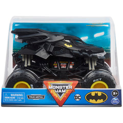 Monster Jam Batman 1:24 truck front view showing chrome rims and bold graphics for display and play.